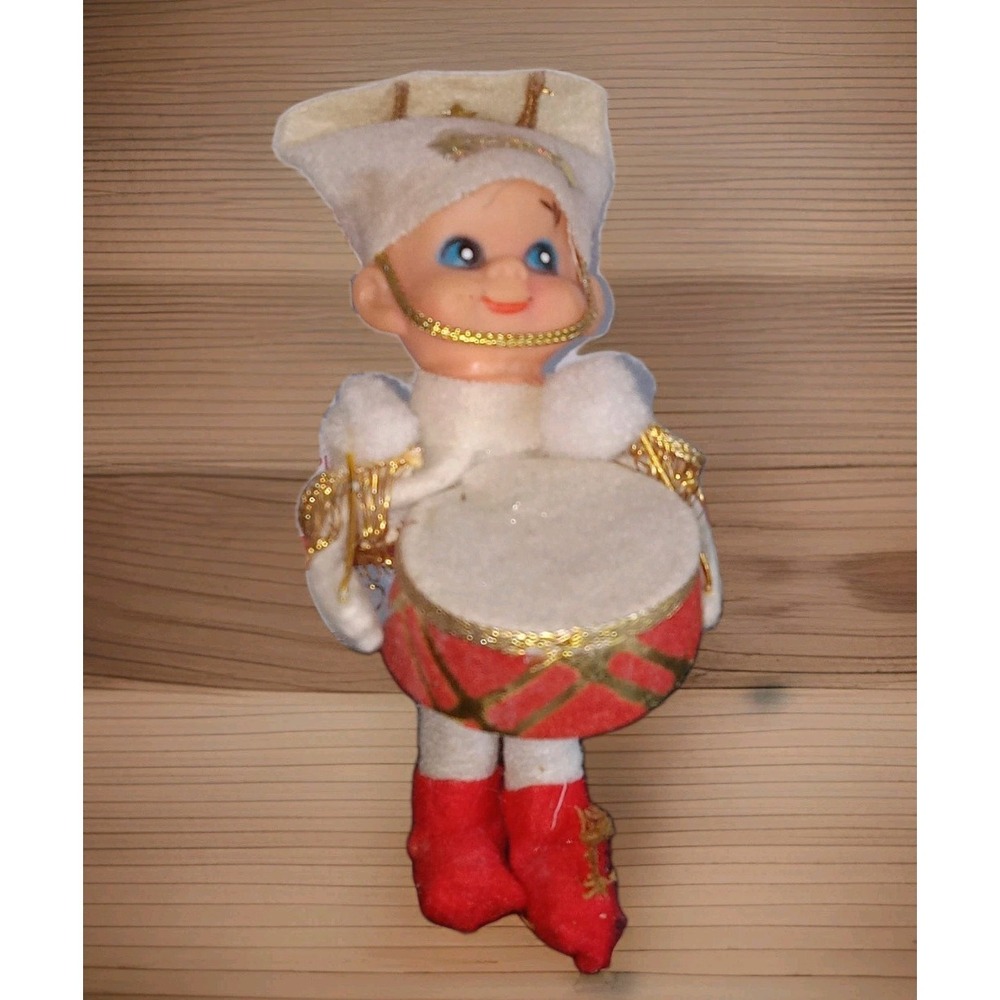 Vintage Pixie‎ Elf Drummer Boy Felt Christmas Ornament Kitsch Hard Plastic Face